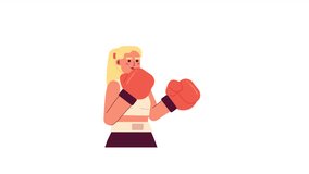 Animated woman boxer. Cardio punch. Female kickboxing. Training hard in gym isolated 2D animation. Cartoon flat character 4K video footage, white background, alpha channel transparency for web design