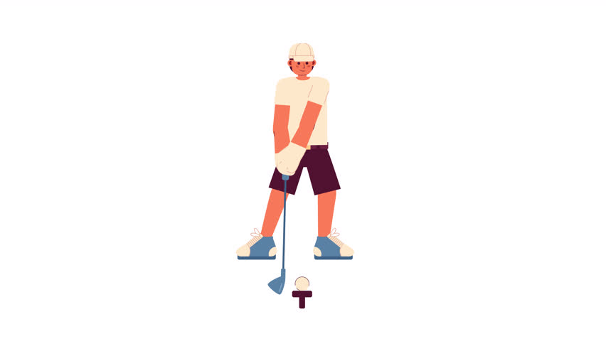 Animated golfer in action. Young male golfer playing golf isolated 2D animation. Golf country club. Cartoon flat character 4K video footage, white background, alpha channel transparency for web design