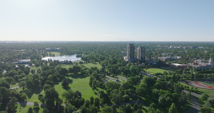 Aerial view of Denver Colorado city skyline on beautiful sunny clear day