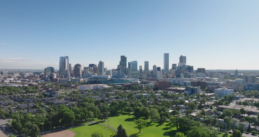 Aerial view of Denver Colorado city skyline on beautiful sunny clear day