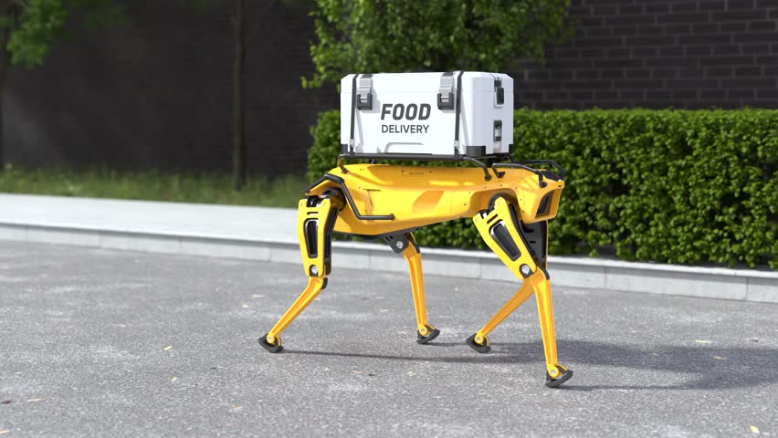 Robot dog delivering goods, The robot dog is delivering food Royalty-Free Stock Footage #1104694301