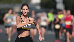 Jogger feminist run marathon. Fast champion girl work out. Woman runner jog long distance. Finish line road. Feminism sportswoman overtake man. Sporty athlete train. Fit sport body. Active city life. - Powered by Shutterstock - Get 15% off with code: PIKWIZARD15