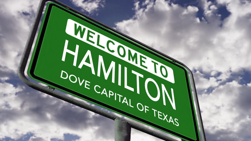 Welcome to Hamilton, Dove Capital of Texas, USA City Road Sign Close Up, Realistic 3D Animation Royalty-Free Stock Footage #1104697331