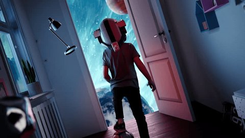 Little Boy Wearing Space Helmet Opening the Door To Knowledge the Universe Learning Augmented Reality Virtual Realm Creativity Science Fiction and Imagination Concept : vidéo de stock