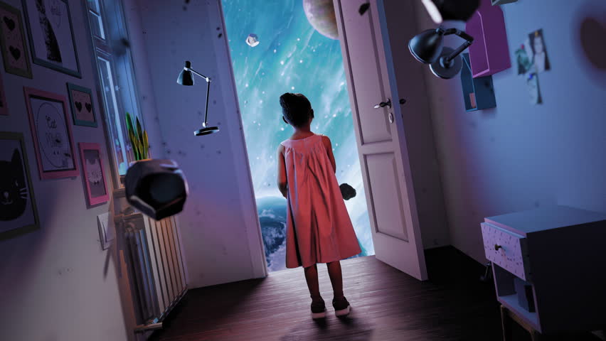 Little Child Girl Opening the Door To Knowledge the Universe Learning Augmented Reality Virtual Realm Creativity Science Fiction and Imagination Concept | Shutterstock HD Video #1104701237