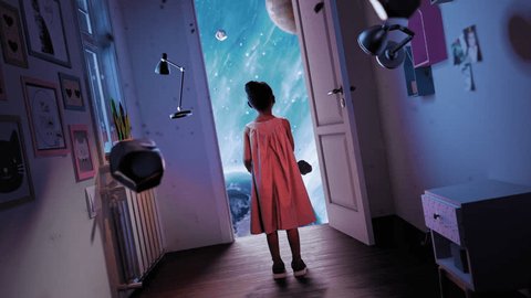 Little Child Girl Opening the Door To Knowledge the Universe Learning Augmented Reality Virtual Realm Creativity Science Fiction and Imagination Concept Video Stok