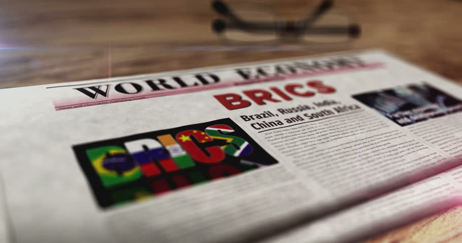 BRICS Brazil Russia India China South Africa economy association daily newspaper on table. Headlines news abstract concept 3d. Royalty-Free Stock Footage #1104703051