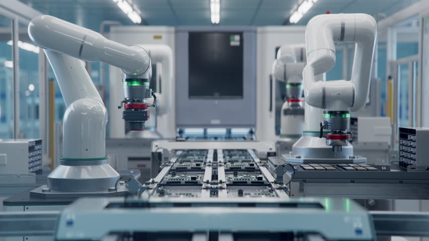 Fully Automated Modern PCB Assembly Line Equipped with Advanced High Precision Robot Arms at Bright Electronics Factory. Component Installation on Circuit Board. Electronic Devices Production Industry Royalty-Free Stock Footage #1104708371