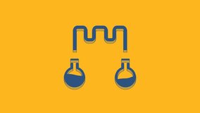Blue Test tube and flask - chemical laboratory test icon isolated on orange background. Fluid transfer system. Laboratory glassware sign. 4K Video motion graphic animation .