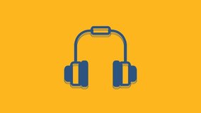 Blue Headphones icon isolated on orange background. Earphones. Concept for listening to music, service, communication and operator. 4K Video motion graphic animation .