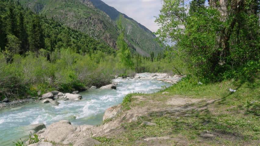Man stands near a mountain river