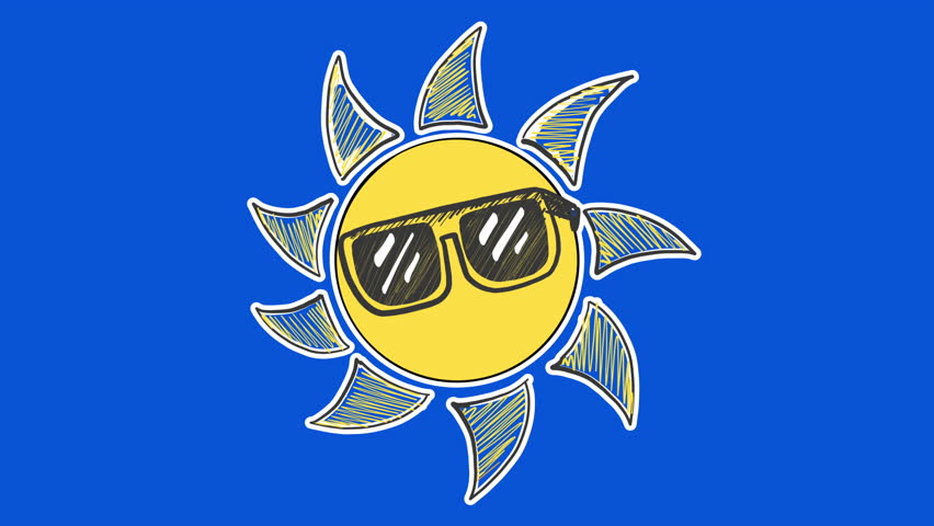 Creative Design of Animated 4K Hand Drawn Sun Wearing Sunglasses and Rotating on Blue Chroma  Background. Cool and Cute Sun Motion Retro Illustration Sun Animation Summer Time 4k Motion Animation.