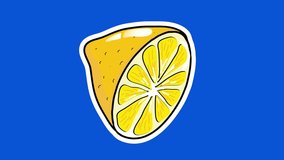 4K Hand Drawn Half Lemon Animation. Organic Fresh Lemon Sticker Isolated on Blue Background. Motion Lemon Citrus Fruit for Motion Graphics. Fresh Fruits Design Element. Vintage Style Gif Drawing