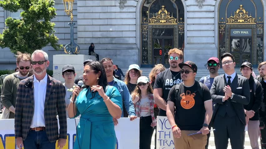 San Francisco, CA - June 3, 2023: 4K HD video of Mayor London Breed speaking at a funeral for public transit protest in front of City Hall.
