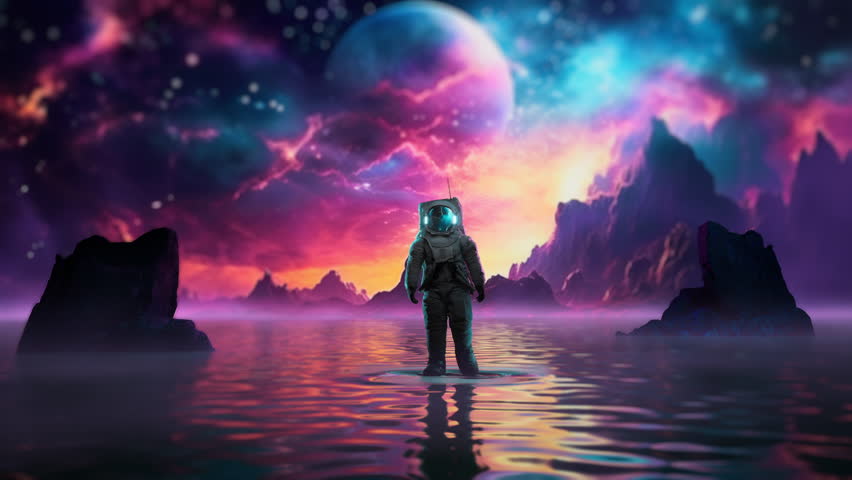A Man Standing In The Water In Front Of A Colorful Sky Lunar Landscape Digital Art Exploration
