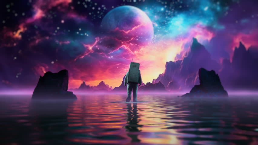 A Man Standing In The Water Looking At A Colorful Sky With Stars Lunar Landscape Digital Art Motion Graphics