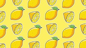 looped Lemon pattern animation on yellow background. 4K Fresh Yellow Whole and Half Lemons Moving Animation. Summer Time Creative Animated Pattern Design. Organic Natural Limes Fruits. Motion graphics