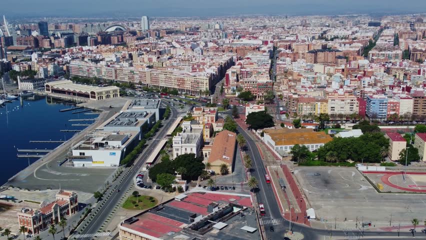 4K Drone Footage. Valencia. Aerial View yacht harbor port, beach, building. Spain. 28 may 2023 Royalty-Free Stock Footage #1104725803
