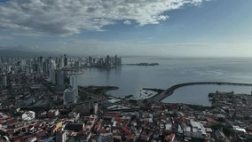 beautiful views of panama fish market from a drone view. 4k resolution. waves, sea, drone, drone pilot, aerial footage, aerial view, coast line, cinta costera.