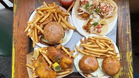 4 plates of fast food including hamburgers, fish tacos and fish and chips. Top down view. - Powered by Shutterstock - Get 15% off with code: PIKWIZARD15