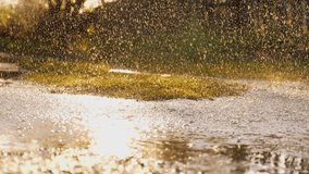 Heavy rain dripping from sky into puddle sun rays bright light. summer downpour. rainy weather park. water soil summer. harvest time. Large puddle forest park garden. wet ground. Rain concept water
