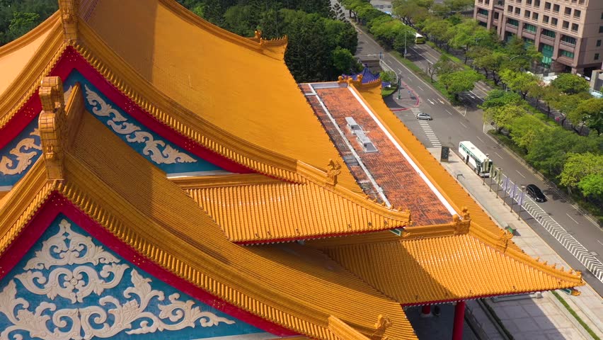 TAIWAN, TAIPEI - MAY, 2023: Aerial drone view of National Chiang Kai shek Memorial Hall in Taipei downtown, Memorial library on the Liberty square. Skyscrapers and high-rise buildings on background.