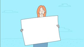 Smiling Businesswoman Manager Cartoon Character Holding Protest Banner - 3D Graphic Video for Promotion, Business Advertisement, and Protest Concepts. Perfect for Corporate Promotions and Motion