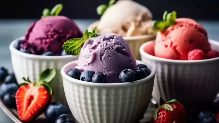 Different of ice cream flavor whit new blueberry, strawberry, kiwi, lemon, vanilla setup on provincial foundation. Video animation