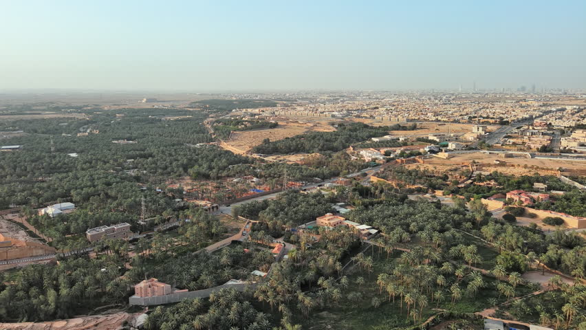 Riyadh, Al Diriyah: Aerial view of outskirts of capital city of Saudi Arabia - landscape panorama of Arabian Peninsula from above Royalty-Free Stock Footage #1104736683