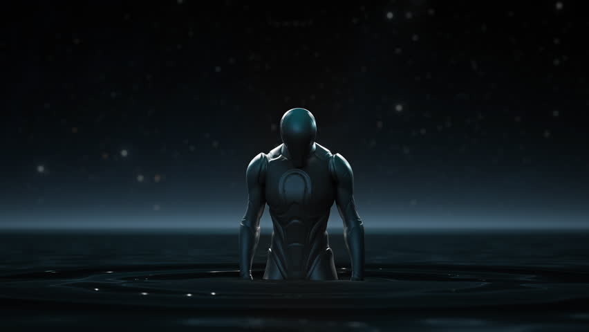 An AI Robot Embodiment Standing In The Water With A Light Beam In The Background Artificial Intelligence Royalty-Free Stock Footage #1104739647