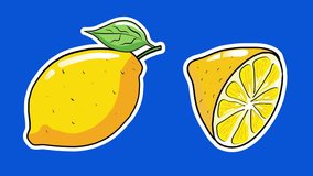 4K Hand Drawn Whole and Half Lemon Animation. Organic Fresh Lemon Stickers Isolated on Blue Background. Vintage Style Gif. Motion Lemon Citrus Fruit for Motion Graphics. Fresh Fruits Design Element.