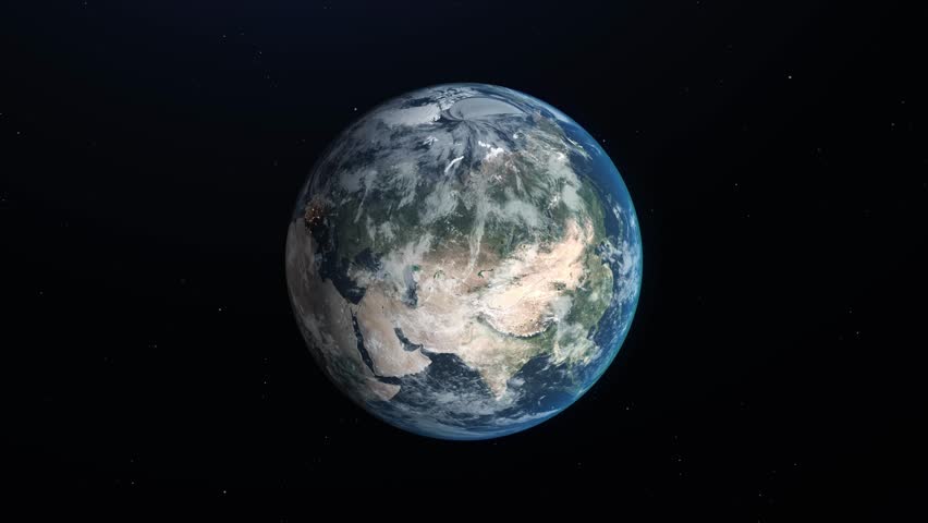 Ukrain map highlighted with a outline border, zooming in from the space through a 4K photo-real animated globe, with a panoramic view of Europe.