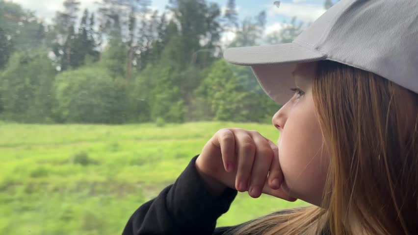 a beautiful young girl with long hair in a cap, a teenager rides in a transport and looks thoughtfully, sadly out the window. Outside the window there is a green forest, a beautiful landscape, clouds