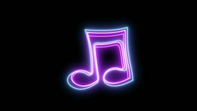 Animated Neon Music Symbol Classic Melody Sign with Glowing Neon Illuminated Led Light Isolated on Black Background. Dancing Music Note Symbol with Animated Music Note Sketch Abstract 4K motion video