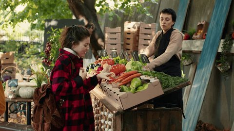 Стоковое видео: Small business owner selling seasonal healthy organic produce from local garden, marketplace. Female customer buying produce seasonal fruits and vegetables at farmers market, stall holder.
