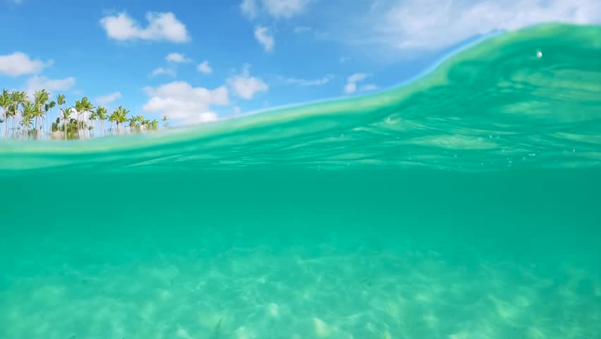 Half underwater slow motion of clear turquoise sea water. Idyllic vacations in the resort at the tropical white sand beach with palm trees on the Caribbean Royalty-Free Stock Footage #1104749321