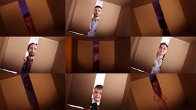 Collage. Different people, men, women and children opening cardboard box, unpacking, looking inside with diversity of emotions. New year gifts. Concept of human emotions, delivery, presents