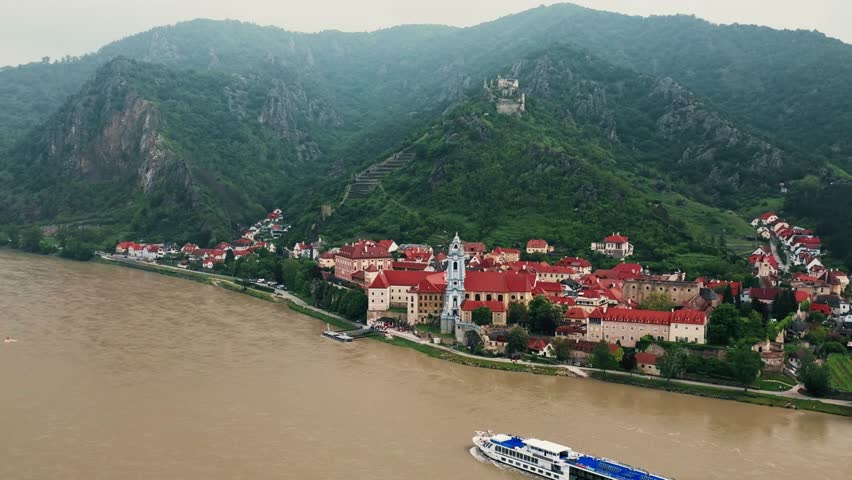 Aerial panorama view of Durnstein town and vineyards. Wachau valley, Austria. 