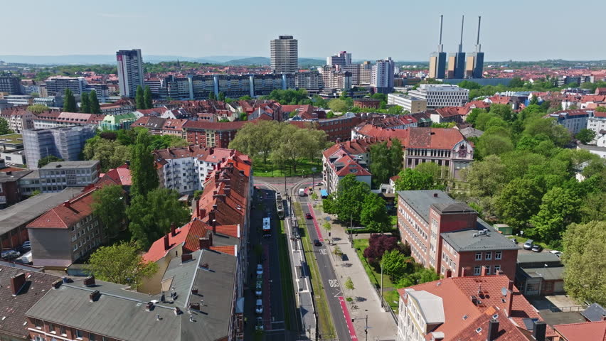 Drone shot of Hanover city centre , Germany . The historic heart of the city, Mitte is full of restaurants, cafes, and department stores. Monuments dot the largely pedestrianized Altstadt area .