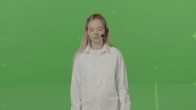 Horizontal shot on green screen background. Cute girl consultant talks to you denies changes in the face rips off the microphone swears into it throws headset on the floor and leaves the frame. - Powered by Shutterstock - Get 15% off with code: PIKWIZARD15
