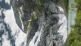 Jostedalsbreen National Park, Sogn Og Fjordane County, Norway. Boyabreen Glacier In Spring Sunny Day. Vertical Footage Video. Famous Norwegian Landmark And Popular Destination.