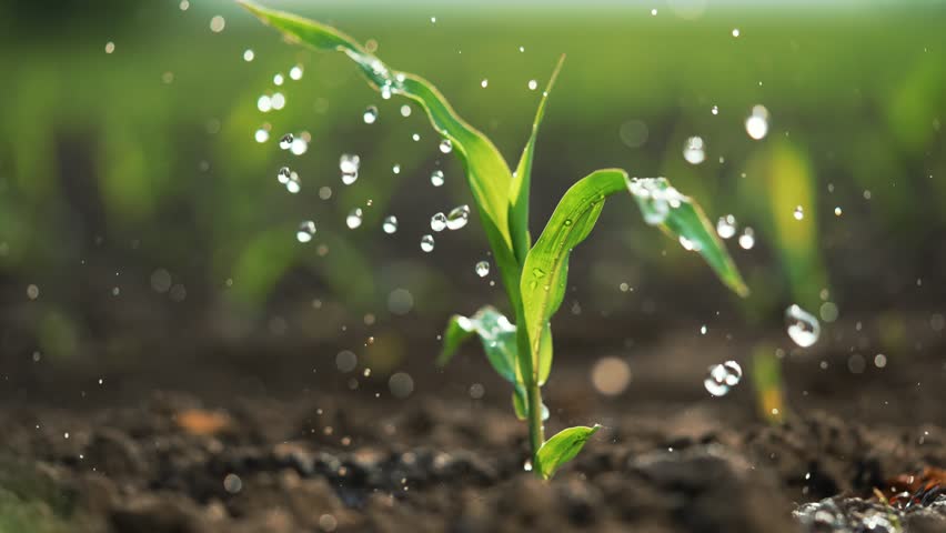 Agriculture. Green corn germ in drops of life-giving water. Farmer waters green corn sprout in fertile soil.Organic farm watering corn. Rain on leaves of plants.Agricultural production of corn on farm Royalty-Free Stock Footage #1104756639