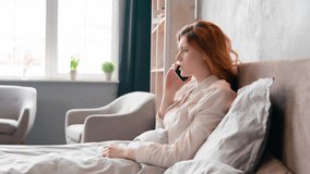 Caucasian upset worried anxious angry dissatisfied woman stressed frustrated negative talk girl answer call talking mobile phone misunderstanding bad communication unpleasant news problem sit in bed - Powered by Shutterstock - Get 15% off with code: PIKWIZARD15