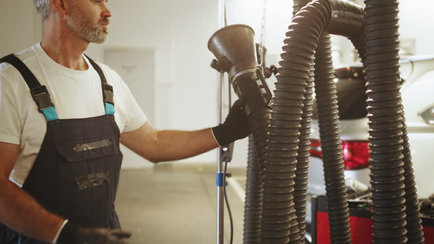 Car service, repair, maintenance and people concept. Pleased proffesional grey haired american mechanic car repairman. A pipe for exhaust gases of a car. A man works with ventilation at a car service.