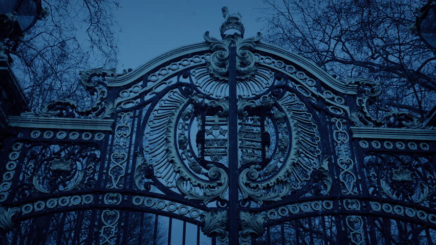 Large Ornate Gates In Snowfall At Dusk Royalty-Free Stock Footage #1104760111