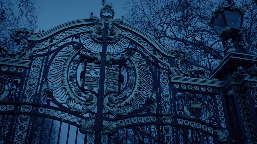 Large Ornate Gates In Snowfall At Dusk Royalty-Free Stock Footage #1104760111