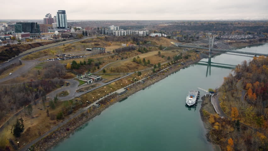 A drone footage of the North Saskatchewan River in Edmonton, Alberta, Canada
