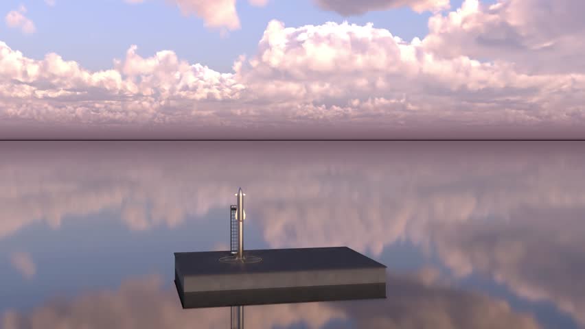 Lunch start rocket from planform on sea calm ocean 4k. 3D Illustration