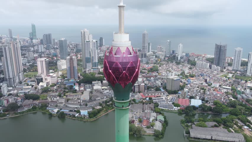 Aerial view of the main attraction, the Lotus Tower in the capital of Sri Lanka, Colombo
