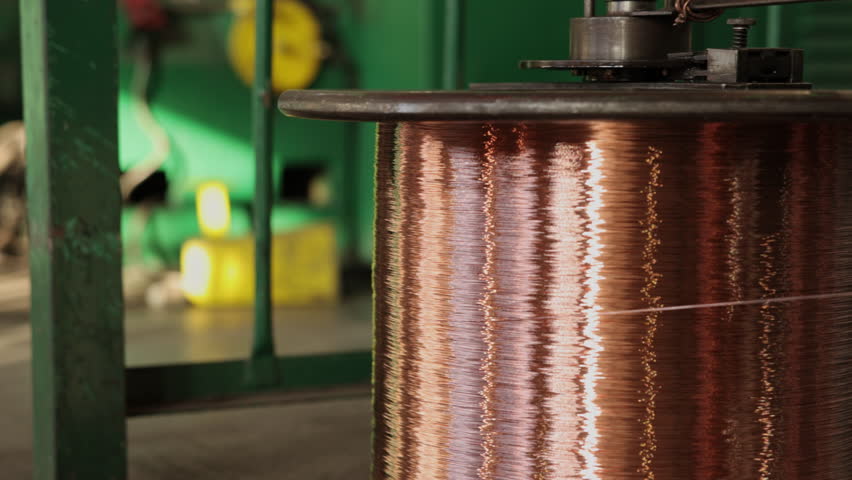 Copper processing, Industrial wiring, Copper coils. Wire manufacturing plant, you can find hefty spools copper wire. Royalty-Free Stock Footage #1104768765